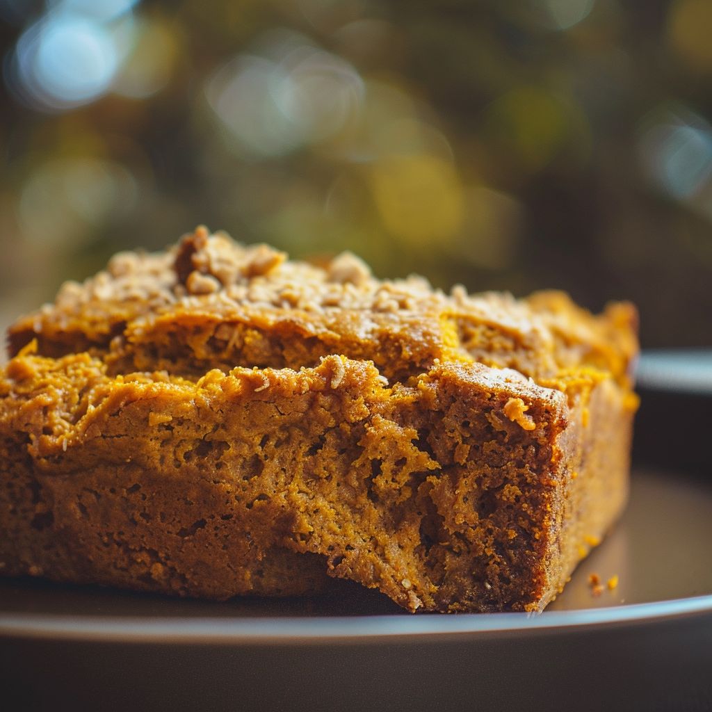 A slice of moist pumpkin bread on a wooden cutting board, showcasing its soft texture.