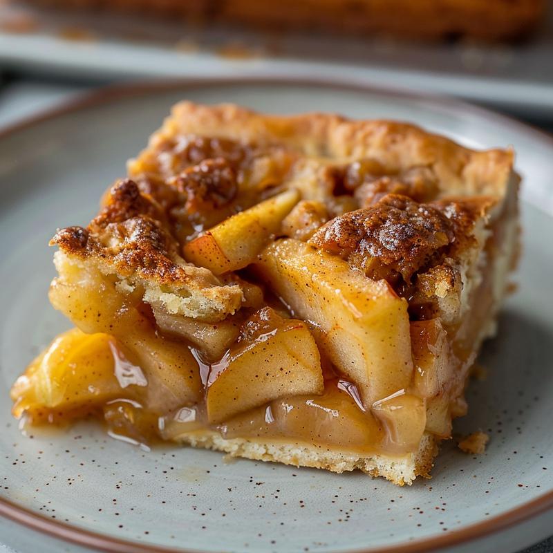 Close-up of a slice of apple dump cake on a light grey plate.