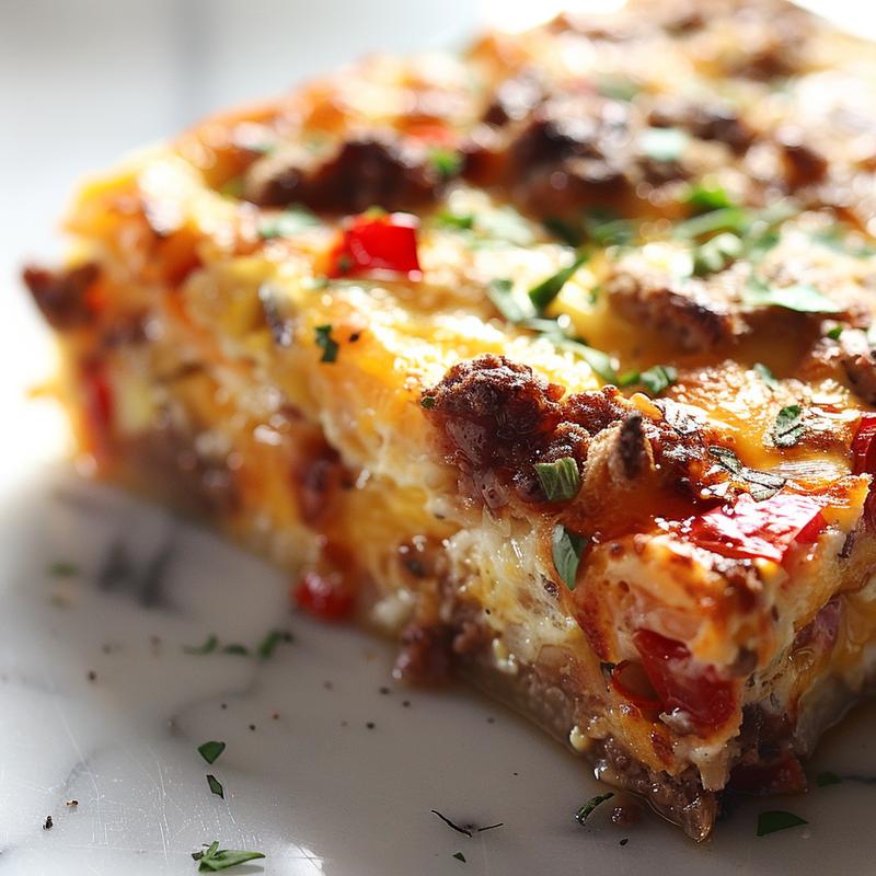Close-up of a slice of breakfast casserole on a light grey plate, showcasing layers of egg, cheese, and vegetables.