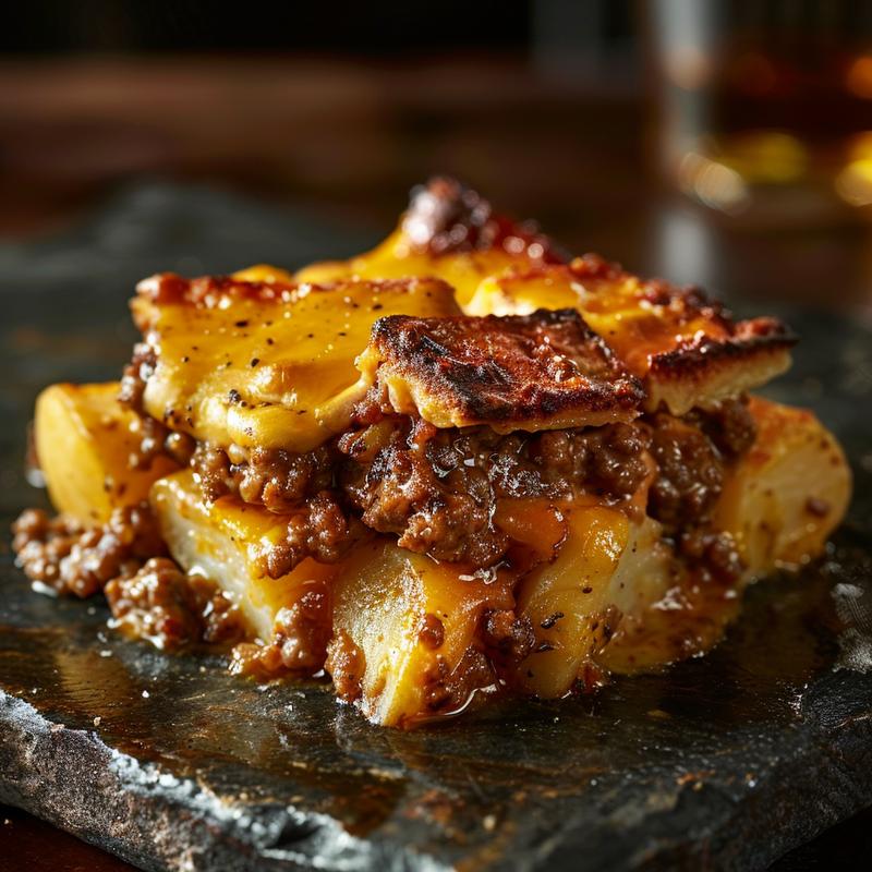 Close-up of a cheesy hamburger potato casserole with rich textures and melted cheese.