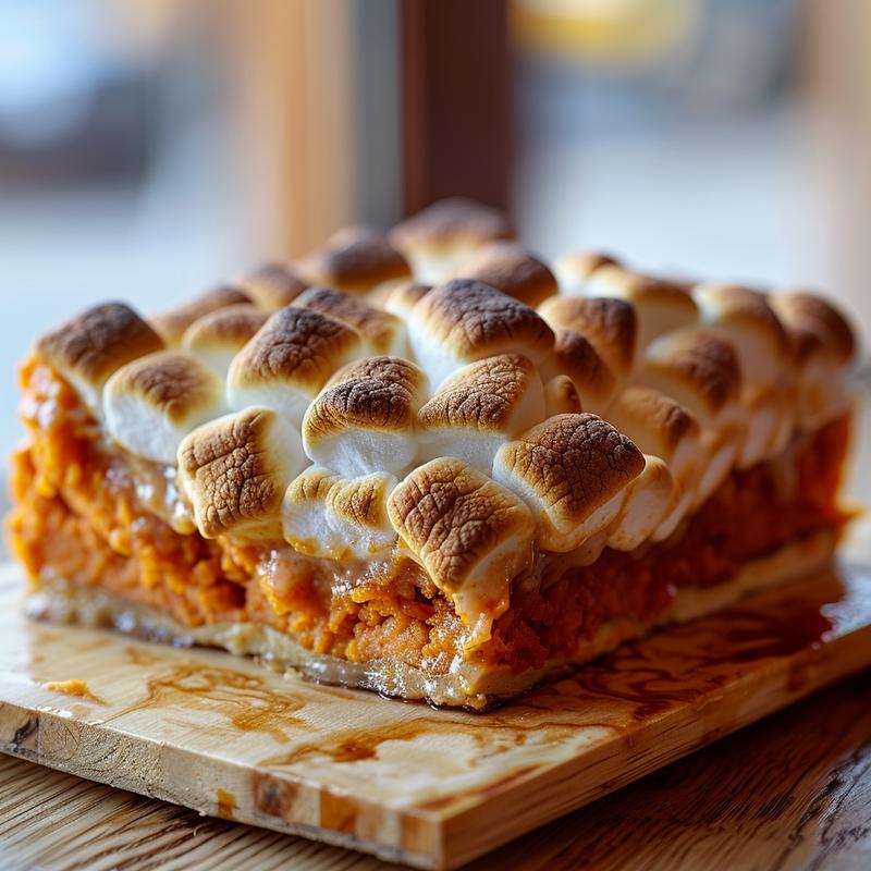 Close-up view of a creamy potato casserole topped with melted cheese on a wooden board.