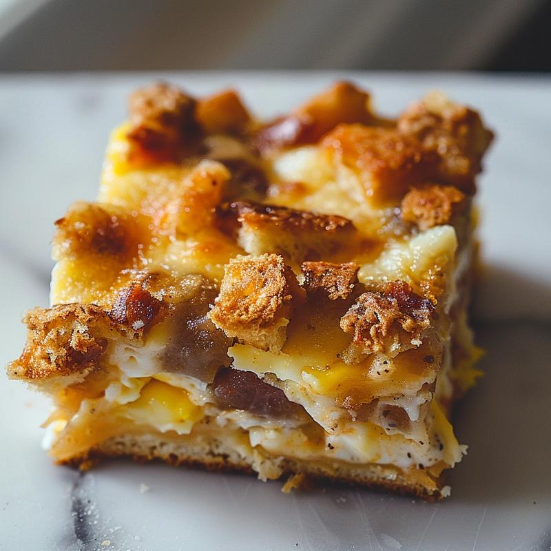Close-up of a slice of apple dump cake on a light wood board.