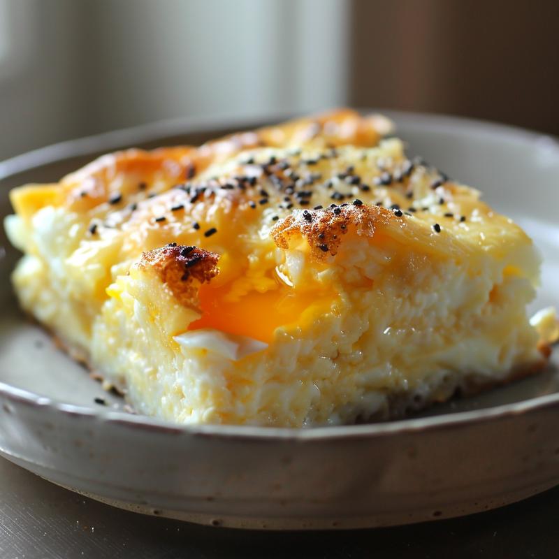 Close-up of a creamy potato casserole on a light grey plate.