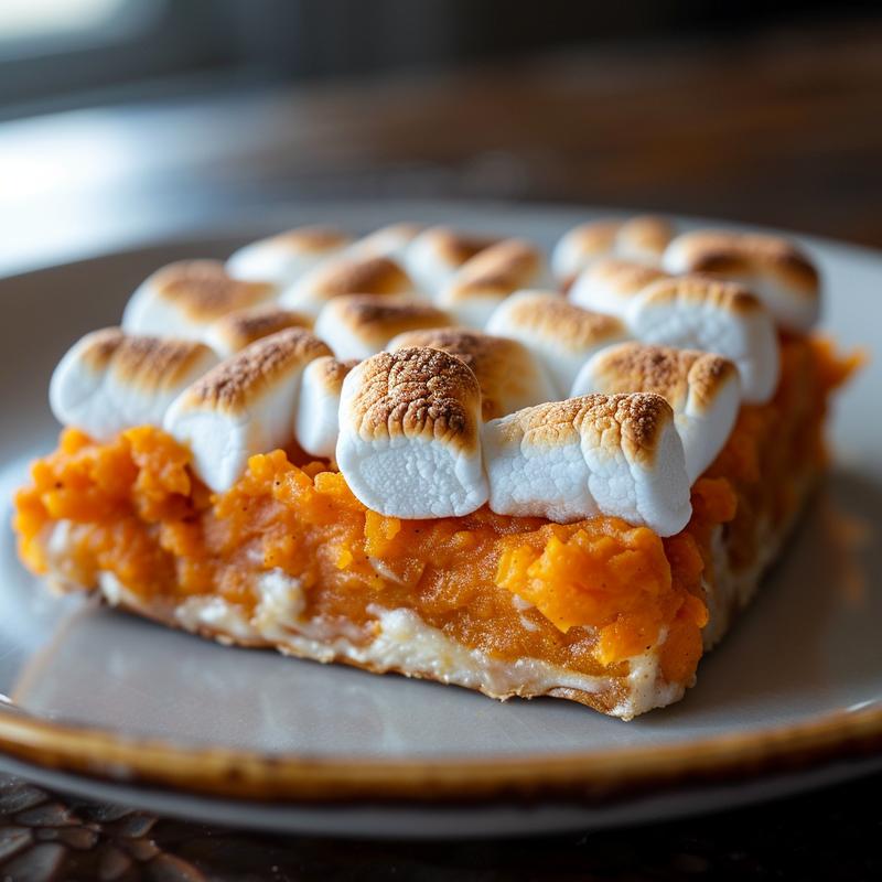 Close-up of a creamy sweet potato casserole topped with toasted marshmallows on a white marble surface.