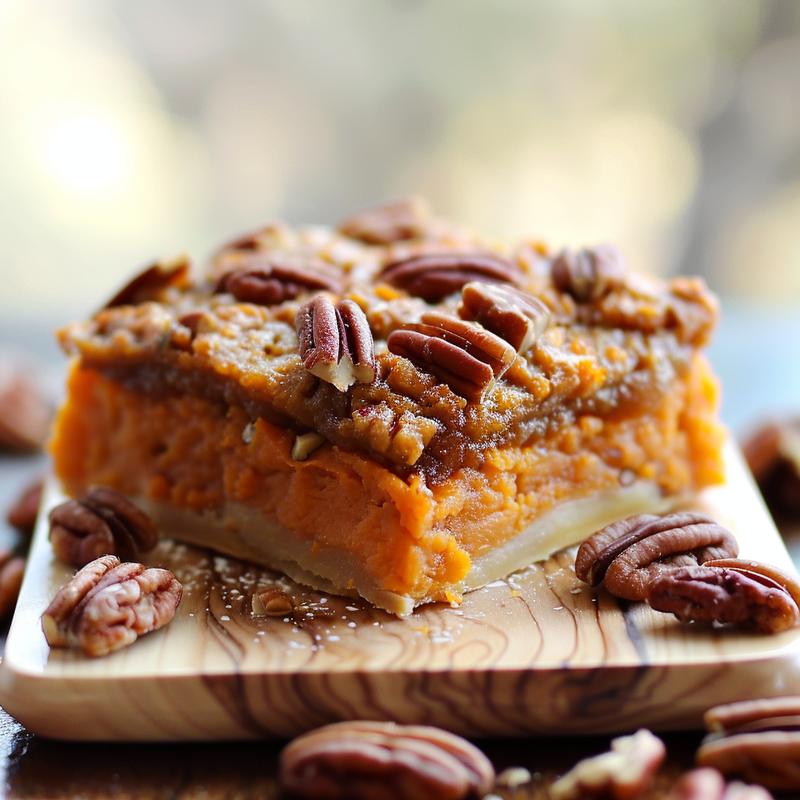 Close-up of a portion of sweet potato casserole topped with toasted marshmallows on a light grey plate.