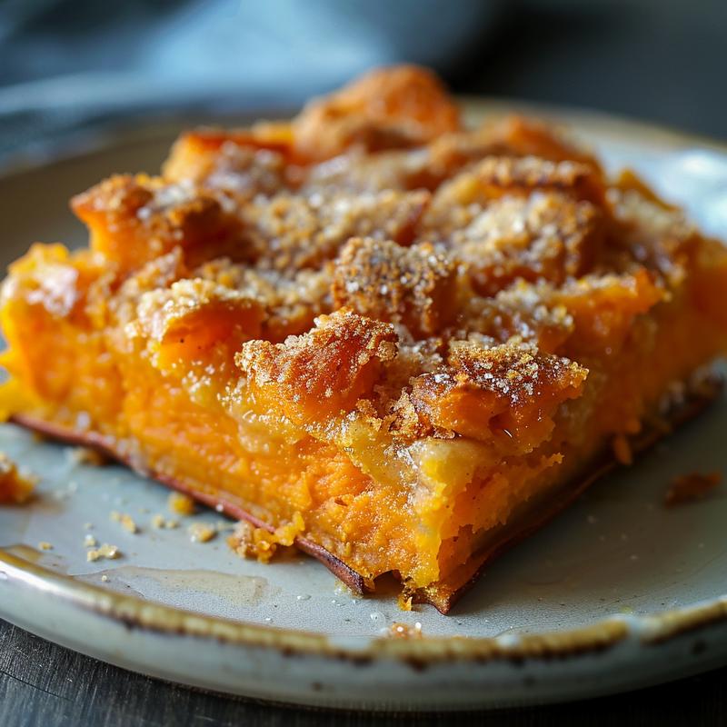 Close-up of a slice of cherry dump cake with a buttery crumble, served on a grey plate.