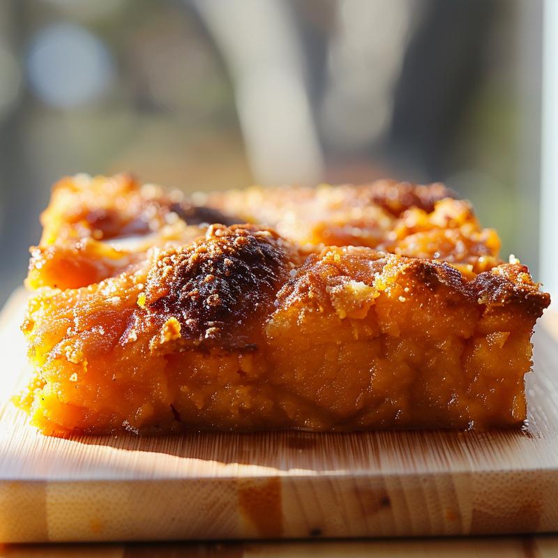 A close-up slice of pumpkin dump cake on a light wood board.