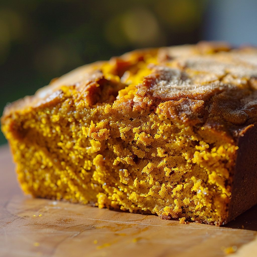 A close-up of a freshly baked pumpkin bread loaf, showcasing its golden-brown crust and soft texture.