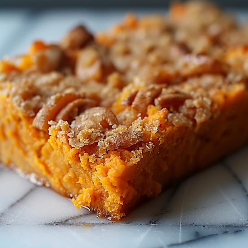 Close-up of a delicious portion of sweet potato casserole on a marble surface.