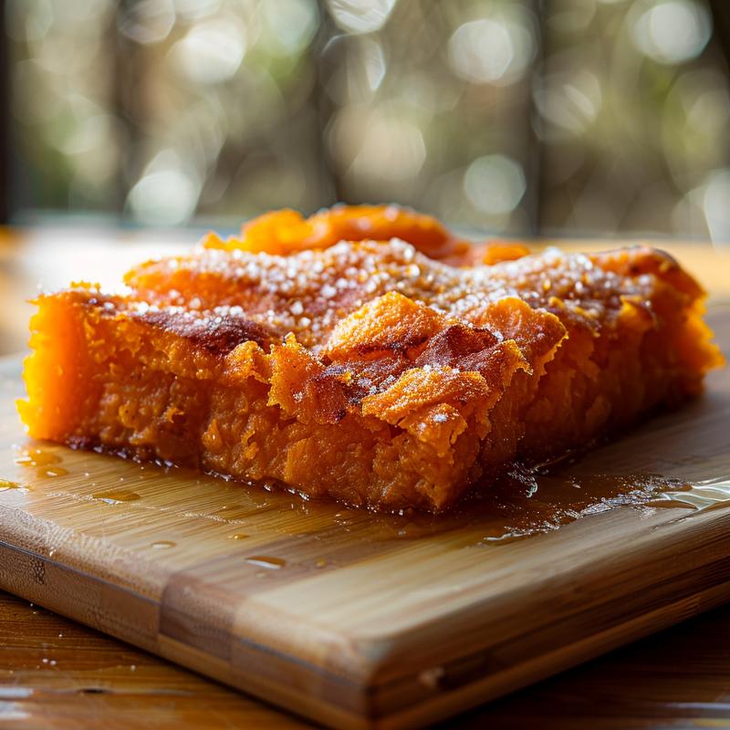 A close-up slice of peach dump cake on a minimalist wooden board.
