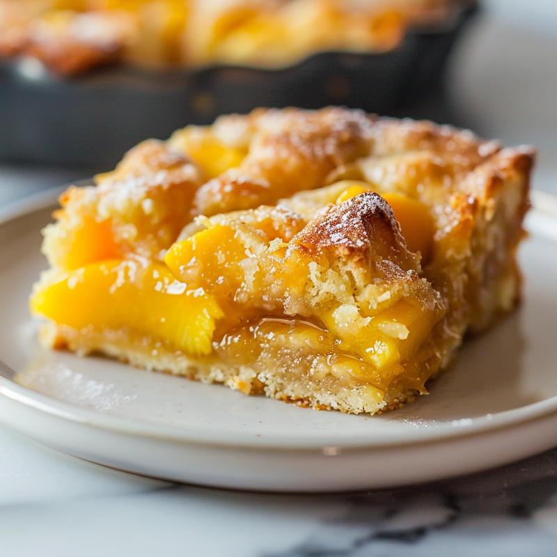 A close-up of a slice of peach dump cake on a light grey ceramic plate, showcasing its texture and color.