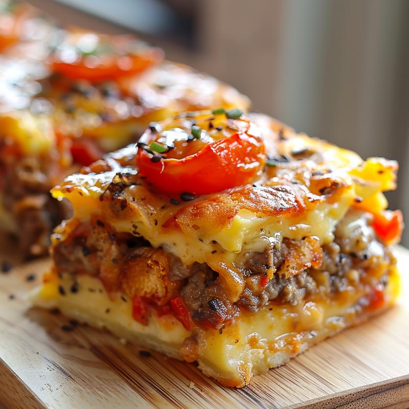 Close-up of a portion of sweet potato casserole with a glossy finish on a light grey plate.