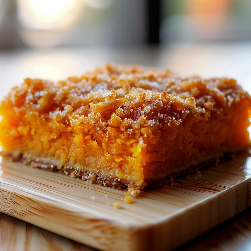 Close-up of a creamy sweet potato casserole with a golden-brown topping on a marble surface.