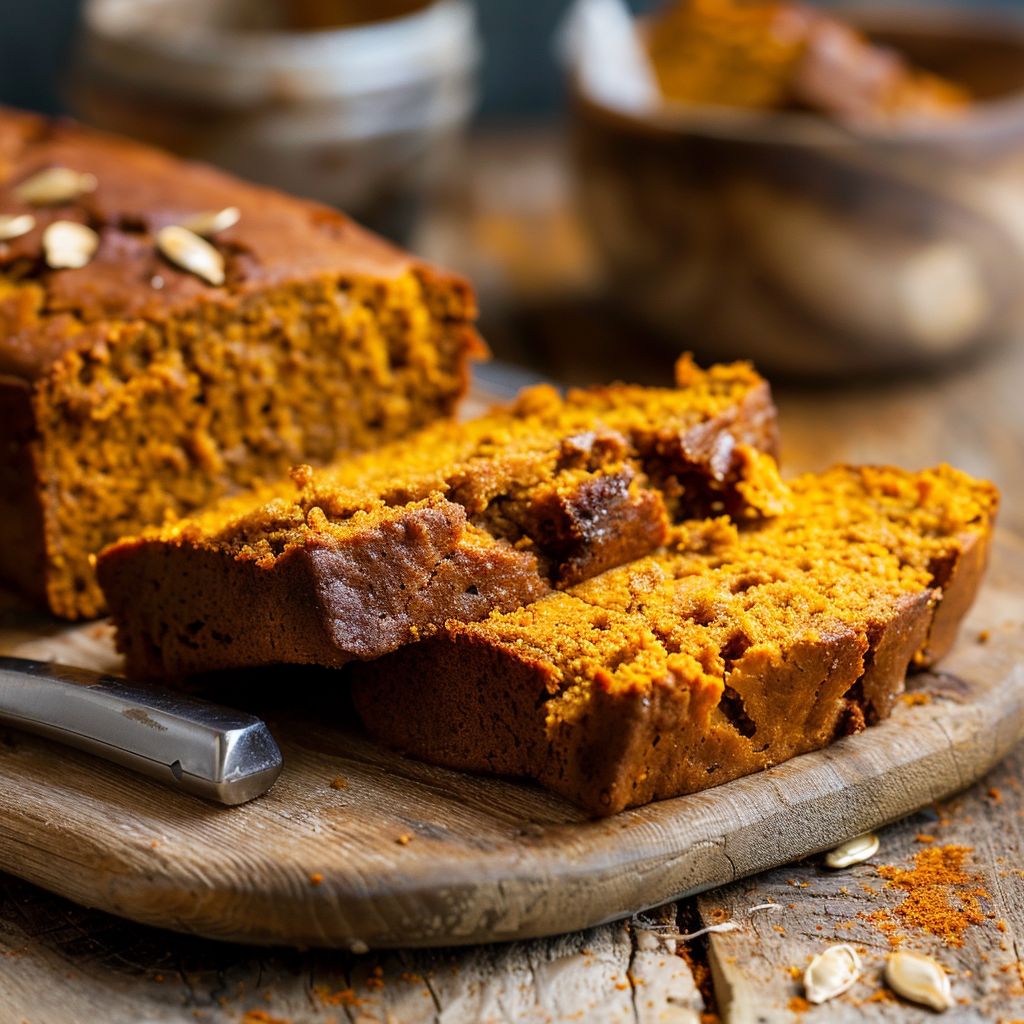 A loaf of golden-brown pumpkin bread on a wooden cutting board with slices cut out.