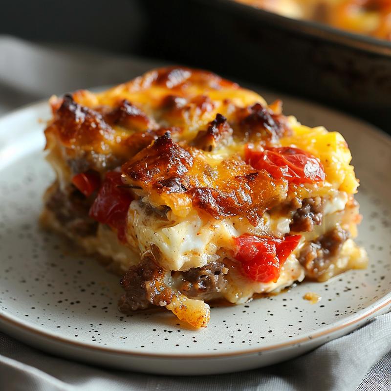 A close-up view of a creamy sweet potato casserole topped with a golden-brown crust on a white marble surface.