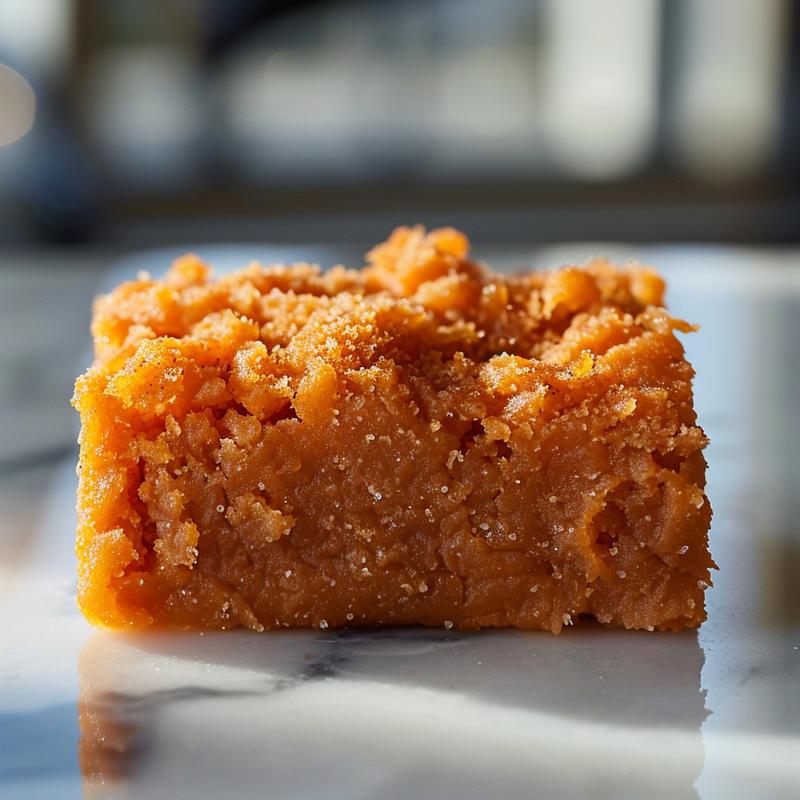 Close-up of a slice of pineapple dump cake cobbler on a light grey ceramic plate.