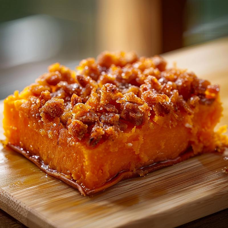 Close-up of a slice of pineapple dump cake on a rustic wooden board.