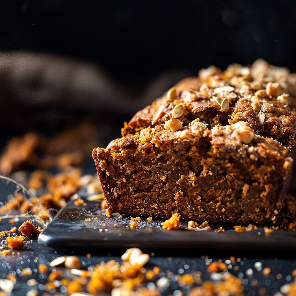 A close-up view of a slice of Vegan Pumpkin Bread on a wooden cutting board.