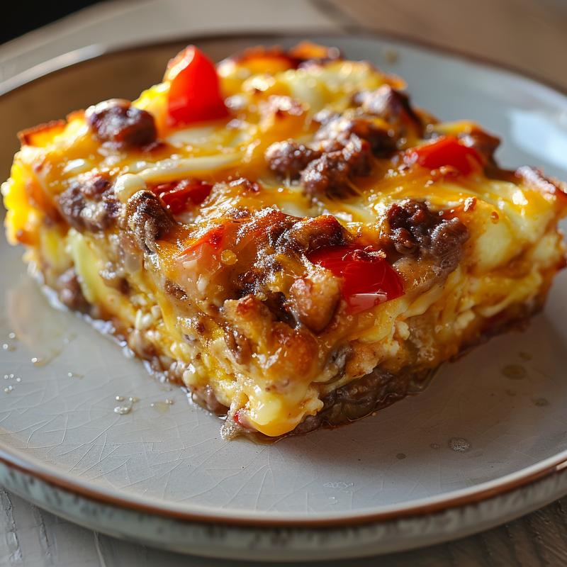Close-up of a perfectly sliced dump cake with pie filling on a minimalist white marble surface.