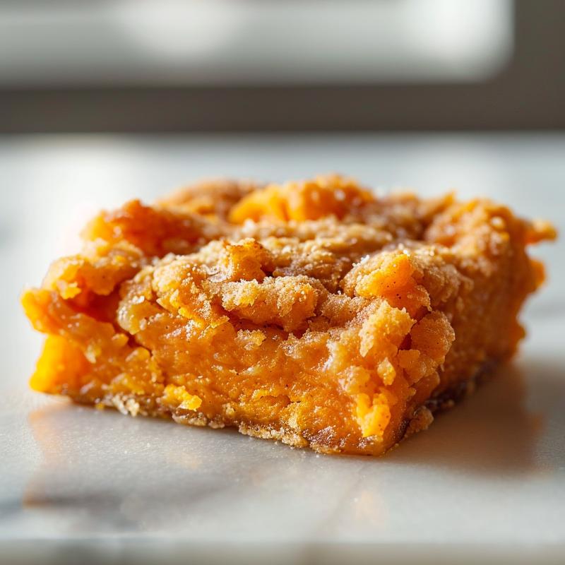 Close-up of a perfect slice of cherry dump cake on a light grey plate.