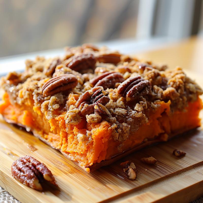Close-up view of a slice of Southern sweet potato casserole on a light wood board.