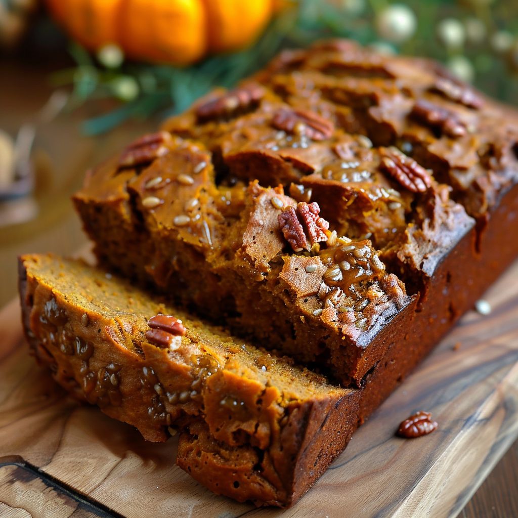 A slice of Maple Pumpkin Bread topped with a crumbly streusel on a rustic wooden table.