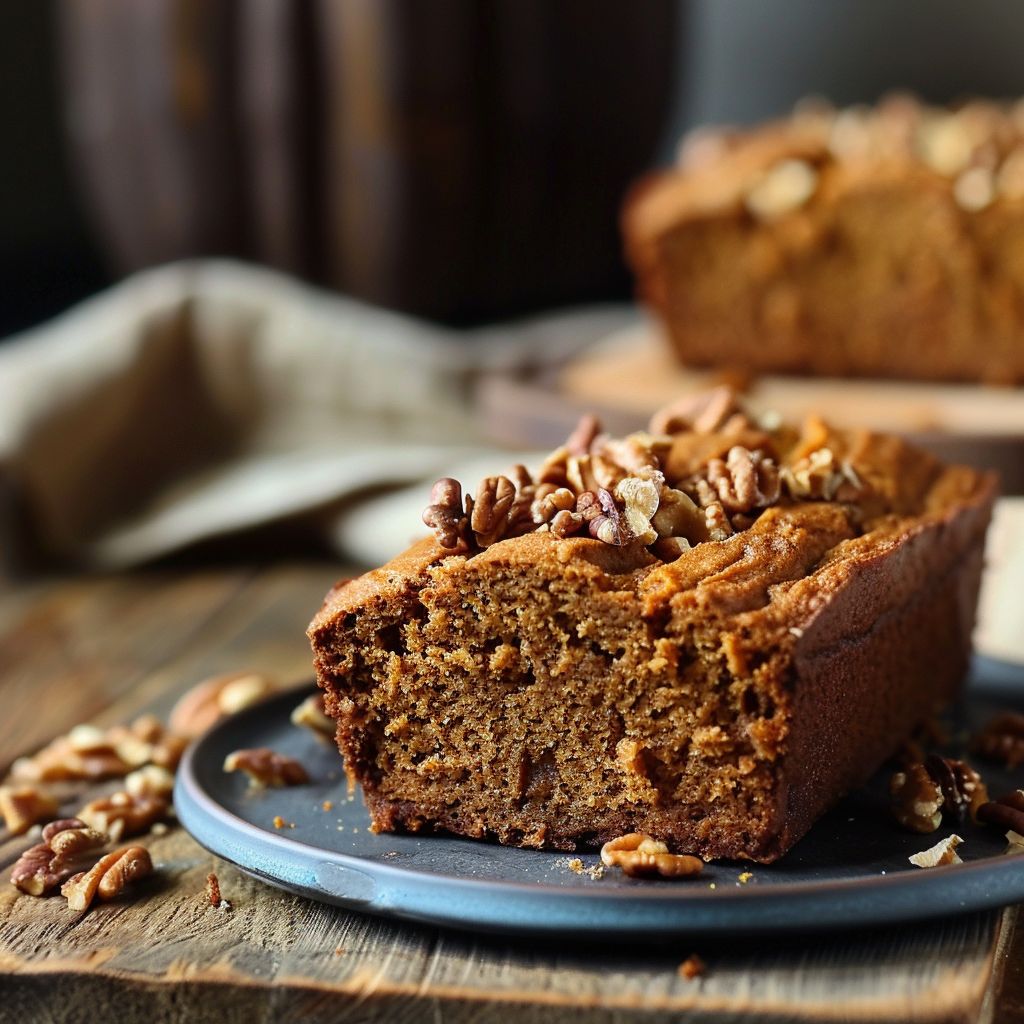 A freshly baked loaf of pumpkin bread on a rustic wooden table, showcasing its golden-brown crust and moist texture.