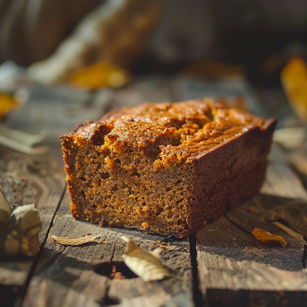 A moist slice of pumpkin bread topped with a sprinkle of cinnamon on a wooden cutting board.