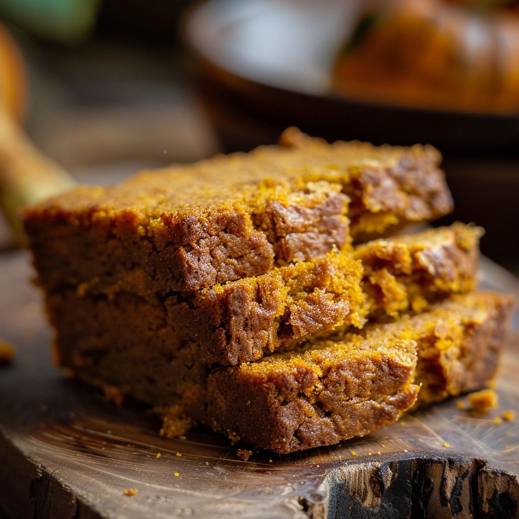 A slice of golden-brown pumpkin bread on a rustic wooden board, surrounded by pumpkin seeds and spices.