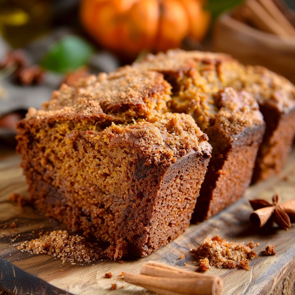 A freshly baked loaf of pumpkin bread with a golden-brown crust, topped with pumpkin seeds and spices.