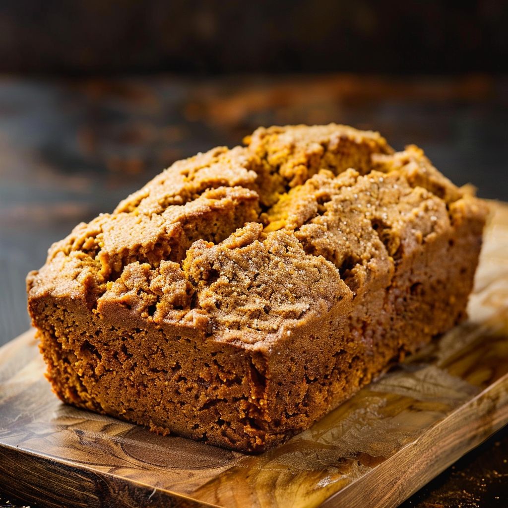 A close-up of a slice of pumpkin bread on a rustic wooden surface.