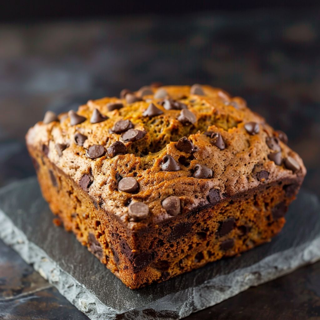 A freshly baked chocolate chip pumpkin bread loaf, sliced to reveal its moist texture and chocolate chunks.