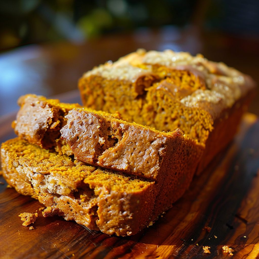 A close-up of a slice of moist pumpkin bread with a cinnamon sugar swirl, set on a rustic wooden table.
