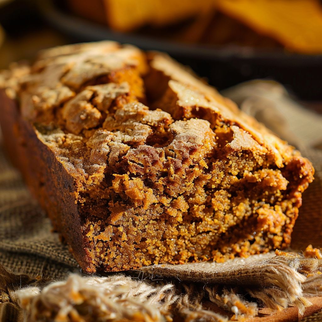 A close-up view of a slice of pumpkin bread on a wooden cutting board, showcasing its moist texture and orange color.