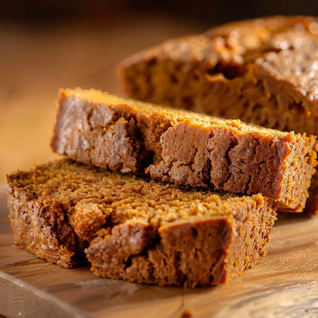 A slice of moist pumpkin bread topped with brown sugar pecans on a wooden table.
