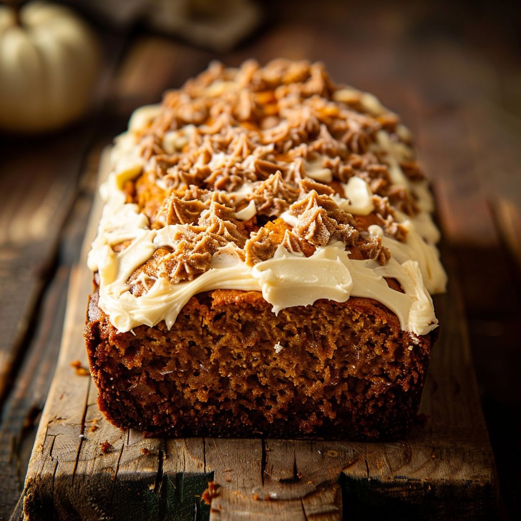 A slice of pumpkin bread topped with creamy white frosting, garnished with pumpkin seeds.