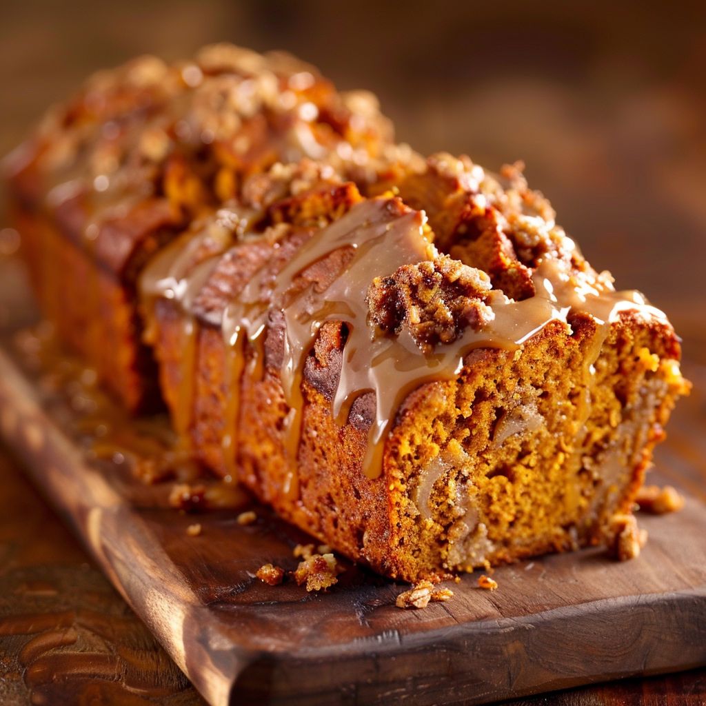 A close-up view of Maple-Glazed Streusel Pumpkin Bread with a golden-brown crust and streusel topping.