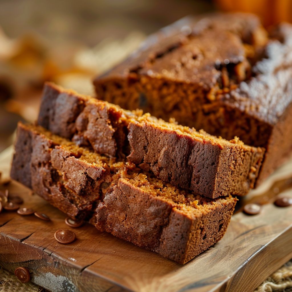 A sliced loaf of Pumpkin Cream Cheese Bread on a wooden board, showcasing its moist texture and cream cheese swirl.