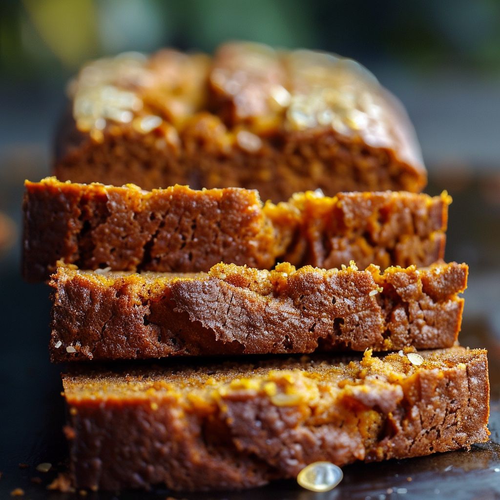 A freshly baked loaf of pumpkin bread with a golden-brown crust, sliced to reveal its soft, moist interior.