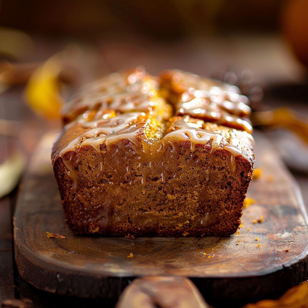A moist pumpkin bread loaf drizzled with golden maple glaze, placed on a rustic wooden board.