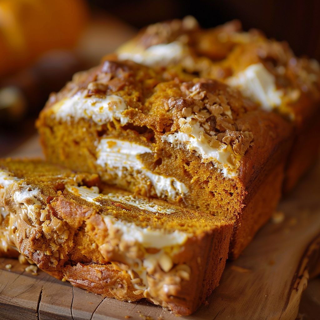 A loaf of pumpkin bread filled with cream cheese, sliced to reveal the creamy center.