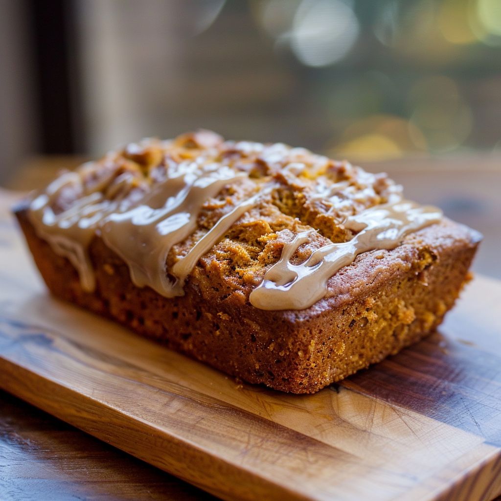 A loaf of pumpkin bread topped with brown butter maple icing, displayed on a rustic wooden surface.