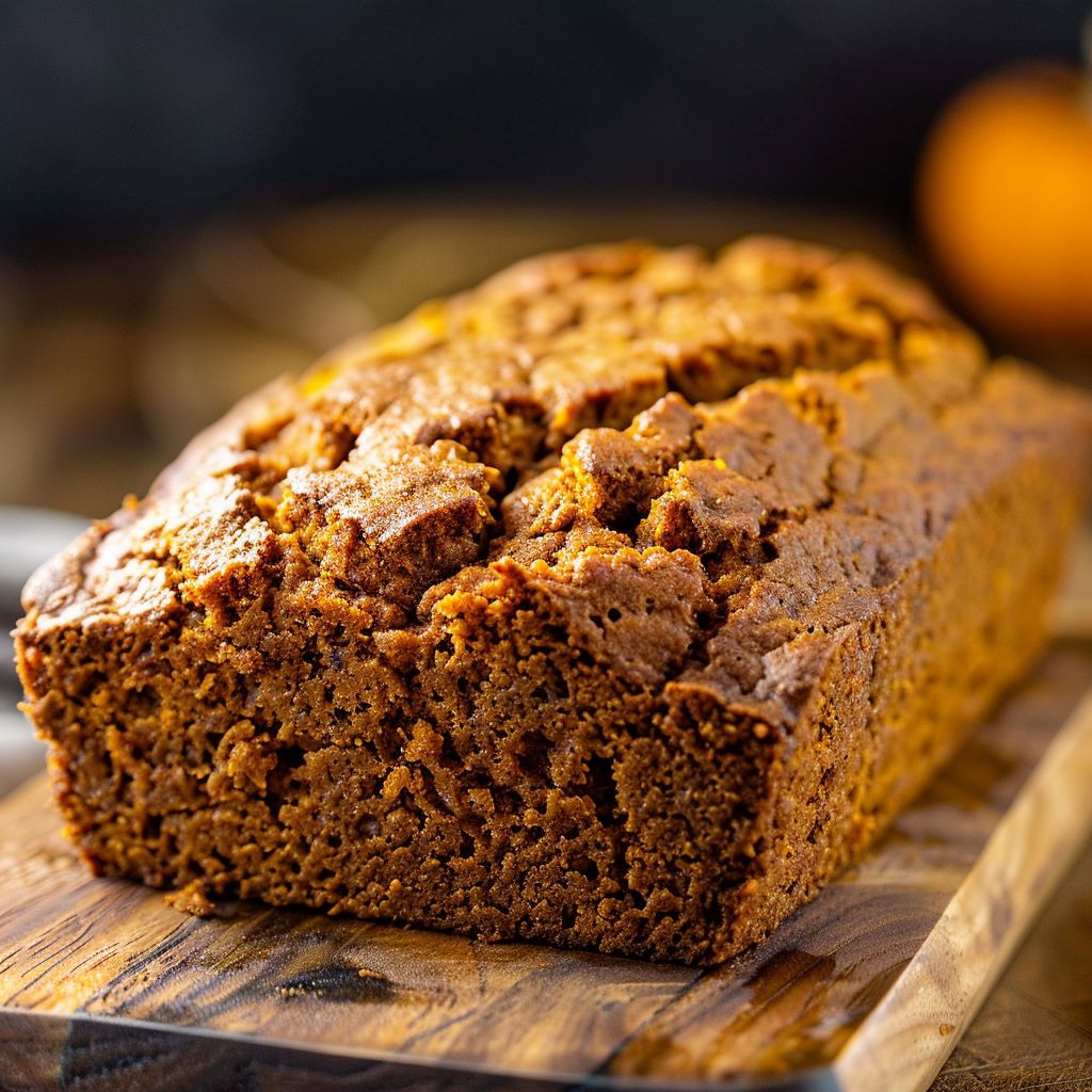 A freshly baked pumpkin bread loaf topped with a crunchy streusel, placed on a wooden cutting board.