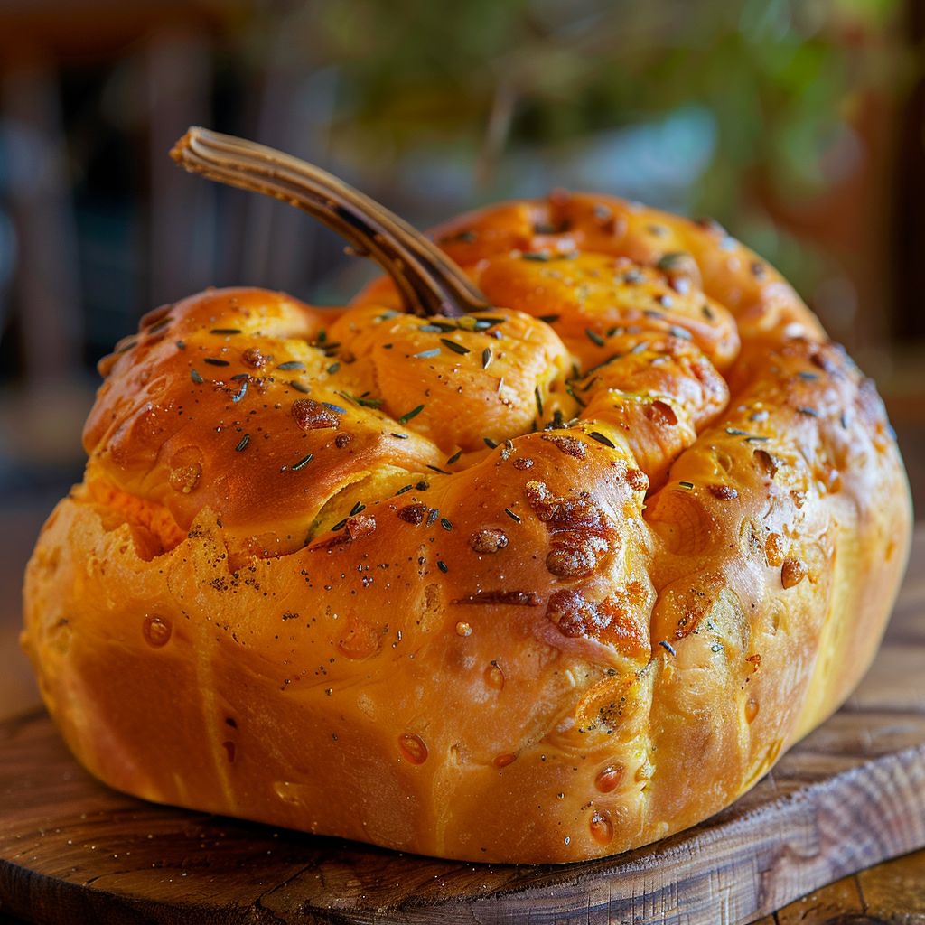 A golden-brown pumpkin-shaped bread with a creamy filling, displayed on a rustic wooden surface.