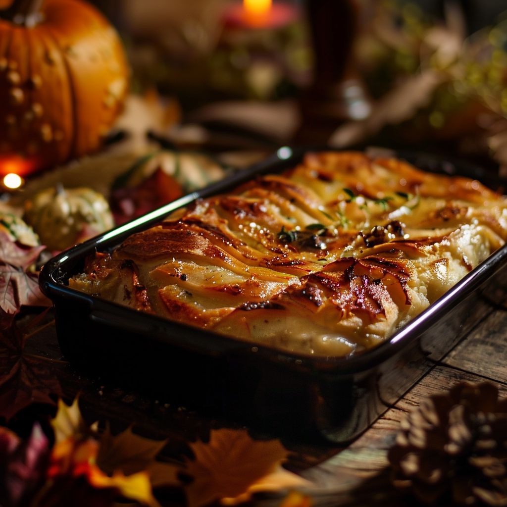 A beautifully arranged fall dinner table with seasonal dishes and autumn decor.