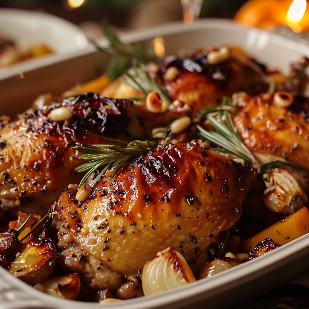 A warm, inviting autumn chicken dinner with roasted vegetables on a plate.
