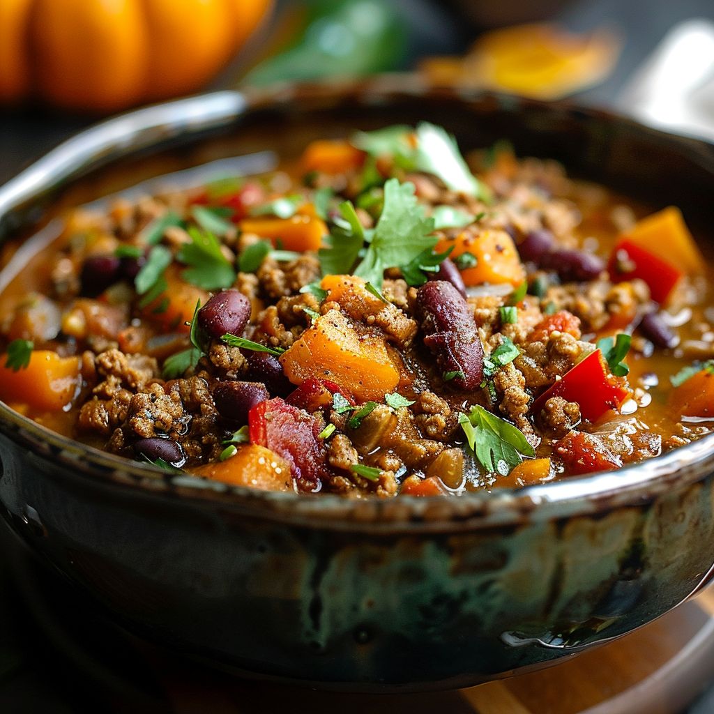 A bowl filled with vibrant pumpkin chili topped with cilantro and avocado.