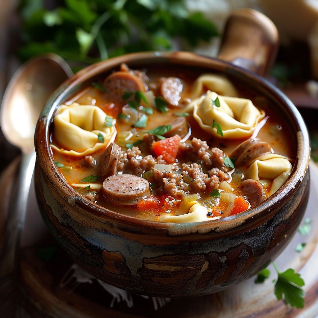 A steaming bowl of sausage tortellini soup with spinach, garnished with fresh herbs.