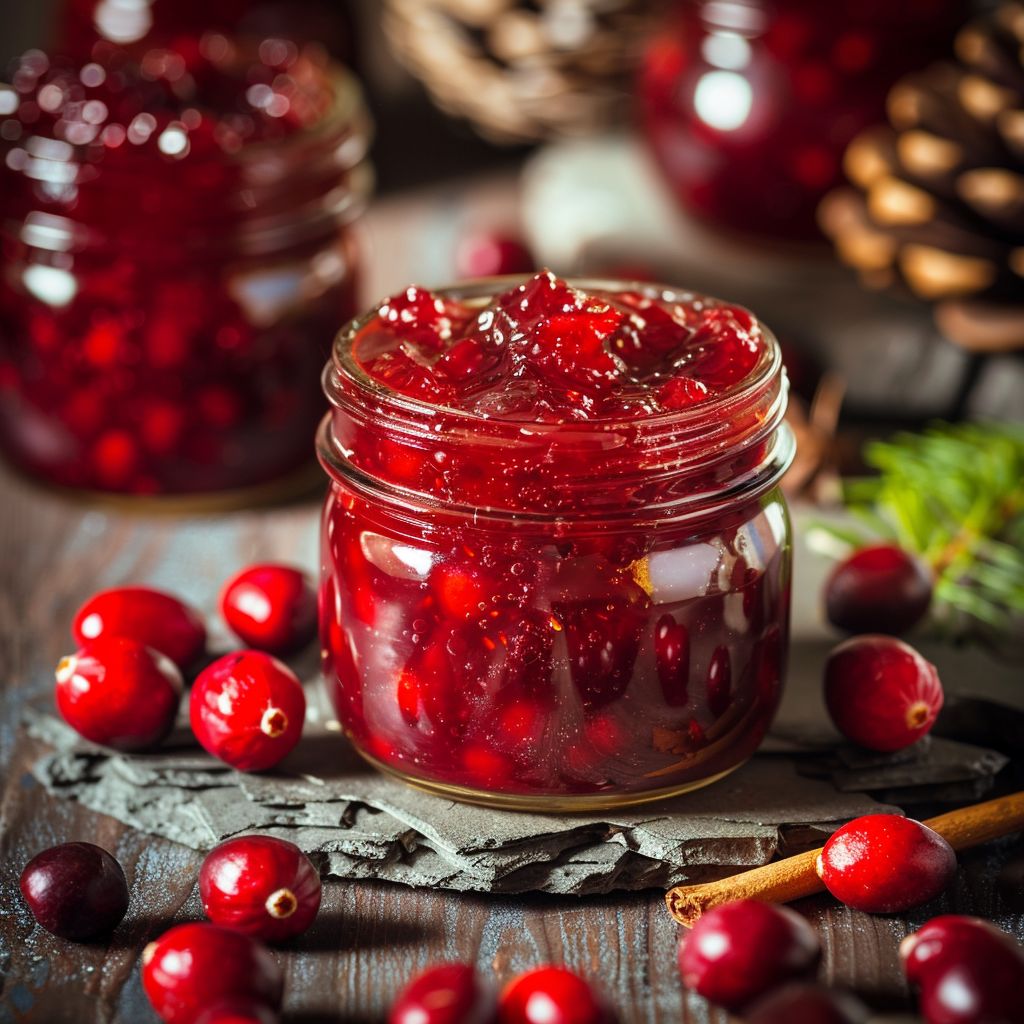 A jar of vibrant cranberry jam displayed on a rustic wooden table with fresh cranberries scattered around.