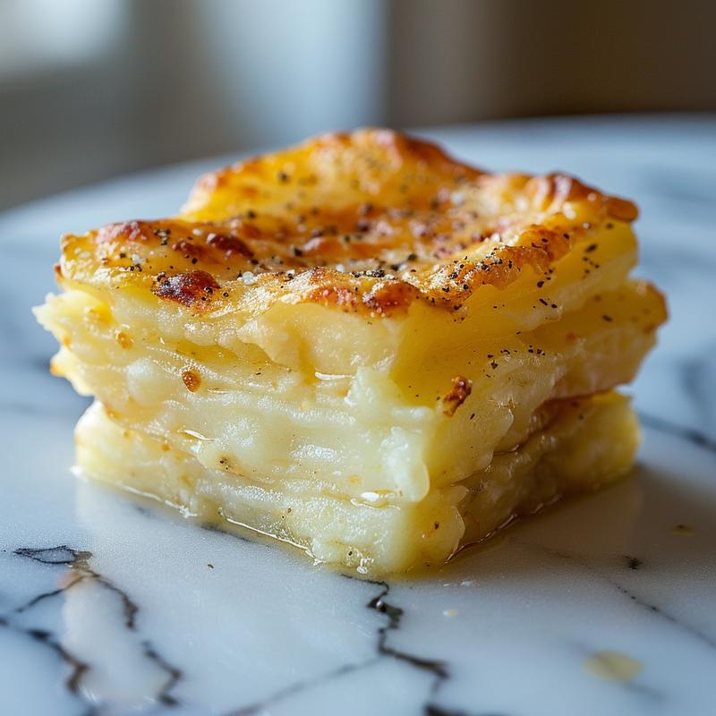 Close-up of a creamy French potato casserole served in a minimalist style on a marble surface.